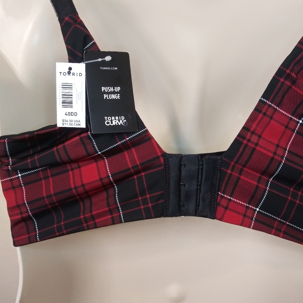 Torrid Curve Goth/Punk Red Black Plaid Lace Trimmed Push-Up Plunge Bra Size 40DD - Picture 5 of 9